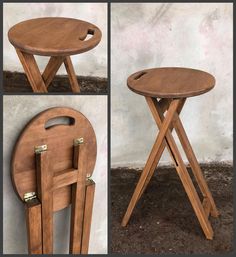 three pictures of wooden folding stools with handles on each side and one showing the seat