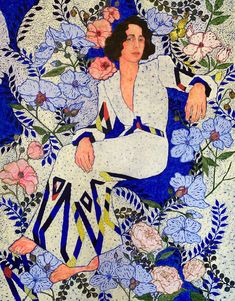 a painting of a woman sitting in front of flowers on a blue and white background