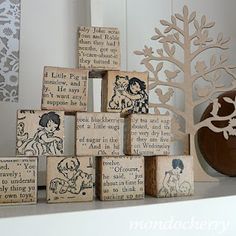 there are many wooden blocks that have pictures on them