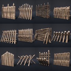 several different types of wooden fences on black background