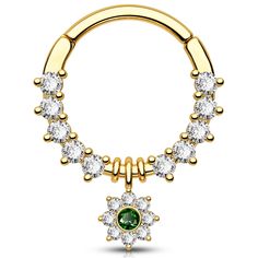 a gold nose ring with green and white stones