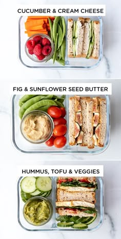 two plastic containers filled with sandwiches and veggies on top of a white counter