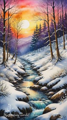 a painting of a stream in the snow with trees on either side and sunset behind it