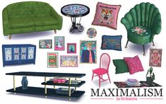 an assortment of furniture and decor items displayed in front of a white background with the words maximumism written on it