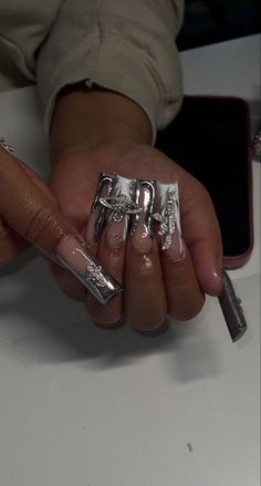 Sliver Nails, Prom Nails Silver, Hard Nails, Colored Acrylic Nails, French Acrylic Nails, Dope Nail Designs, Short Square Acrylic Nails, Exotic Nails, Long Square Acrylic Nails