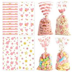 pink and gold candy bags filled with candies next to stickers on white background