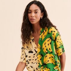 Trendy Multicolor Summer Shirt, Green Retro Print Shirt For Spring, Yellow Vibrant Print Short Sleeve Tops, Retro Beach Shirt For Spring, Fun Yellow Summer Shirt, Trendy Summer Blouse With Graphic Print, Trendy Graphic Print Blouse For Summer, Green Shirt With Vibrant Print For Spring, Summer Graphic Print Short Sleeve Blouse