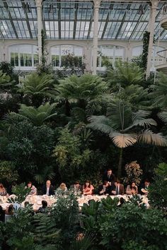 a group of people sitting at tables in a greenhouse