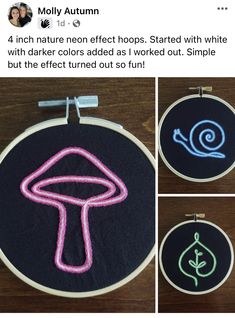 three pictures of different types of embroiderys on a black hoop with pink and blue thread