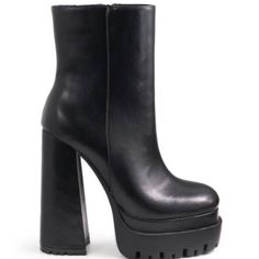 About This Product * Color: Black * Material: Polyurethane * Heel Measures Approximately 5.7 Inches * Lug Sole Bootie With Double Platform Heels Trendy Synthetic Platform Boots With Padded Ankle, High Ankle Synthetic Platform Boots With Padded Heel, High Heel Synthetic Platform Boots For Night Out, Trendy Synthetic Platform Boots With Padded Heel, Synthetic High Ankle Platform Boots With Padded Heel, Synthetic High Heel Platform Boots For Night Out, High Ankle Synthetic Platform Boots For Night Out, Chic Synthetic Platform Boots, Party Platform Boots With Lug Sole In Faux Leather