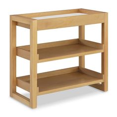 a wooden shelf with two shelves on each side, and one shelf below the shelf