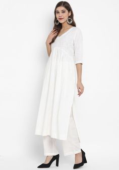 Adaa White Cotton V-Neck Kurta with Silver Stitch Lines paired with Pants Folded Sleeves, Block Printed Textiles, How To Fold Sleeves, Stitch Lines, Straight Pants, The Deep, Textile Prints, White Cotton, Custom Made