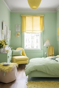 a bedroom with green walls and yellow curtains