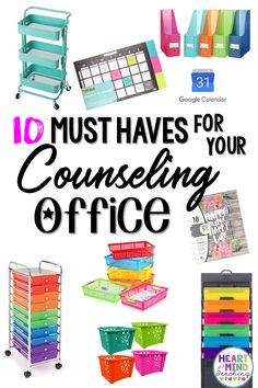 colorful office supplies with the title 10 must haves for your consulting office on it