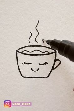 a drawing of a cup of coffee with a face drawn on the paper next to it