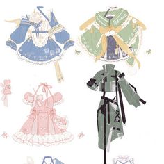 four paper dolls with different outfits and clothes on them, all in pastel colors