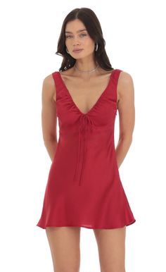 Satin V-Neck Dress in Red | LUCY IN THE SKY Winter Formal, Loungewear Jumpsuit, Sorority Outfits, Dress Satin, Casual Wedding, Fall Looks, Night Outfits, V Neck Dress, Jumpers And Cardigans