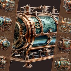 an image of a steam engine with many different gears and parts on it's side