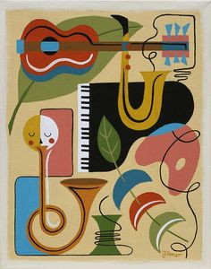 an abstract painting with musical instruments and flowers