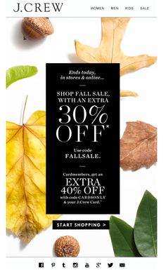 an advertisement for jcreww's fall sale, with leaves and acorns