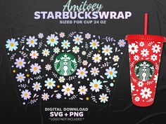 the starbucks cup is decorated with flowers and has a red straw in front of it