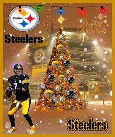 a football player is standing in front of a christmas tree with the pittsburgh steeles on it