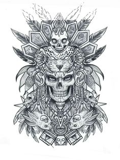 a drawing of a skull with feathers on it's head and two skulls in the middle