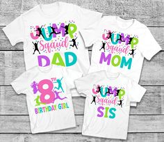 three shirts with the words, happy birthday mom and dad in different colors on them