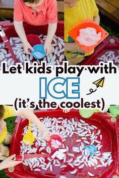 two children playing with ice and water in a red plastic pool filled with white sprinkles that says let kids play with ice it's the coolest