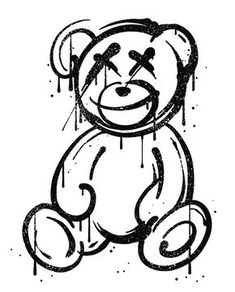 a black and white drawing of a teddy bear with tears on it's face