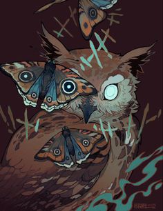 an owl with blue eyes is surrounded by other owls in the night sky and moths on its wings