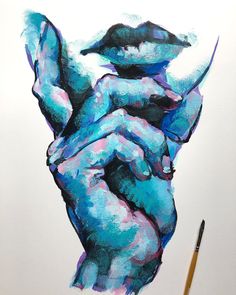 a drawing of a person's hand holding something blue