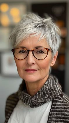 From Silver to Sassy: 24 Chic Hairstyles for Older Women Pixie With Glasses Over 50, Pixie For Long Face, Short With Undercut, Short Haircuts With Glasses, Funky Pixie Cut Fine Hair, Pixie With Glasses, Pixie Cut With Glasses, Hair Styles For Women Over 70, Shorter Hairstyles