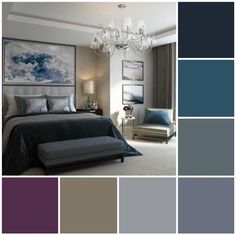 a bedroom with gray and blue colors on the walls, carpeted flooring and chandelier