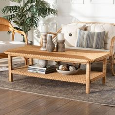 a living room with wicker furniture and wooden flooring, including a coffee table