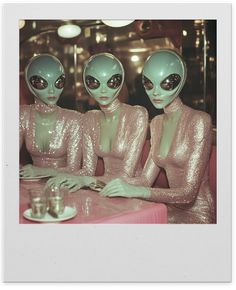 three alien women sitting at a table in pink sequins