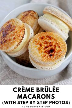 creme brule macarons with step by step photos in a white bowl