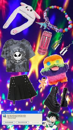 an image of some clothes and accessories on a purple background with lights in the background