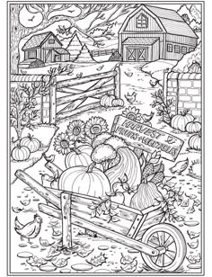 a farm scene with pumpkins and hay in the wheelbarrow coloring book page