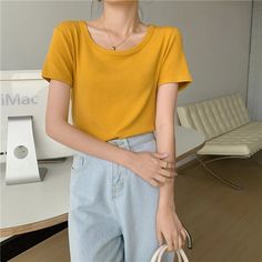 45391171977438 Plain Yellow Top For Spring, Yellow Summer Tops For Everyday, Trendy Yellow Solid Color Top, Trendy Yellow Tops For Everyday, Yellow Short Sleeve Top, Yellow Cotton Top, Basic Yellow Short Sleeve Tops, Trendy Solid Color Scoop Neck T-shirt, Casual Yellow T-shirt For Everyday