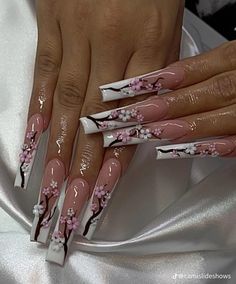 Cherry Blossom Nails Acrylic Long, Cherry Nails Long, Acrylic Nails Cherry Blossom, Artsy Acrylic Nails, Cherry Blossom Nails Acrylic, Simplicity Nails, Japan Inspired Nails, Nails Cherry Blossom, Bloom Nails