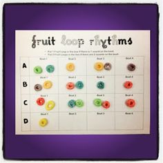 a poster with buttons on it that says fruit loops and other things in the background