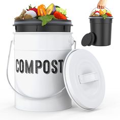 a compost bucket full of fresh fruits and vegetables being held by a person's hand