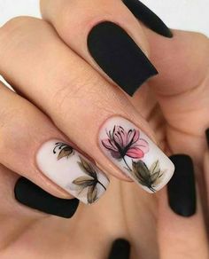 Classy Nail Designs, Floral Nail Designs, Floral Nail, Flower Nail Designs, Black Nail Designs, Trendy Nail Art, Trendy Nail Design, Manicures Designs