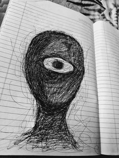 an open book with a drawing of a person's face and eye in it