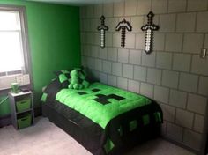 a bedroom with green walls and white carpeted flooring is pictured in this image