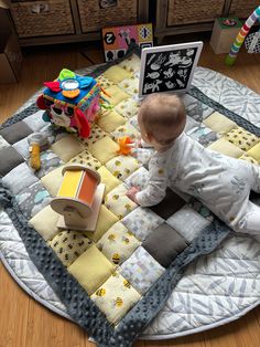 a baby is sitting on the floor reading a book