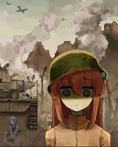 a girl wearing a green hat standing in front of a tank