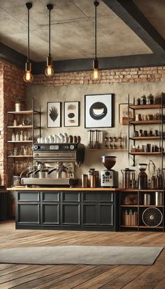 an industrial style coffee shop with exposed brick walls