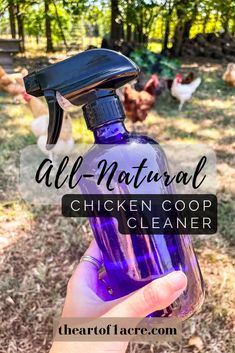 a hand holding a purple bottle with the words all natural chicken coop cleaner on it